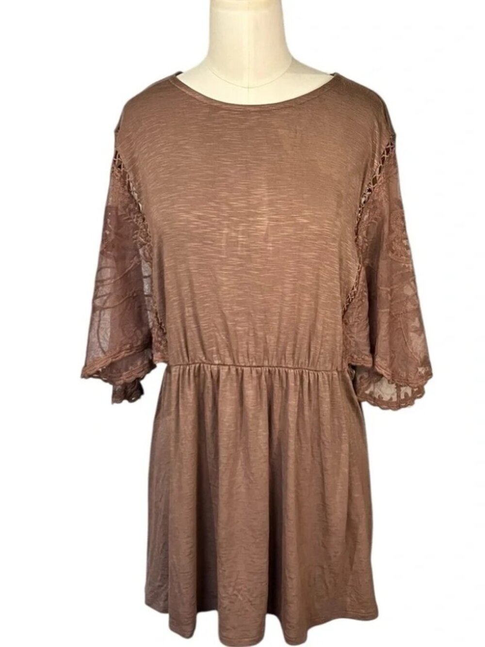 Torrid Knit Crew Neck Lace Dolman Sleeve Babydoll Top Brown 2 2X 18 20 -NWT - Picture 2 of 7